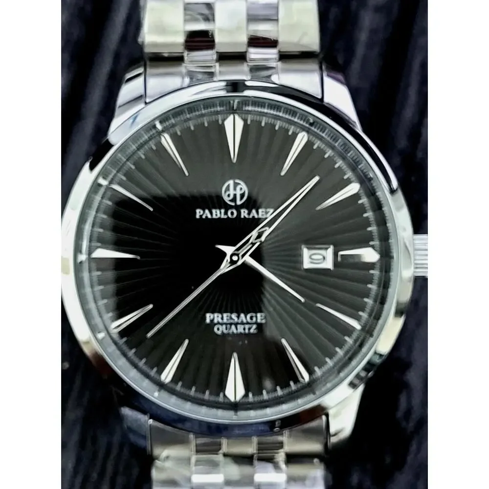 New Vintage Pablo Raez 40mm Mens Slv Blk Steel Presage‎ Watch